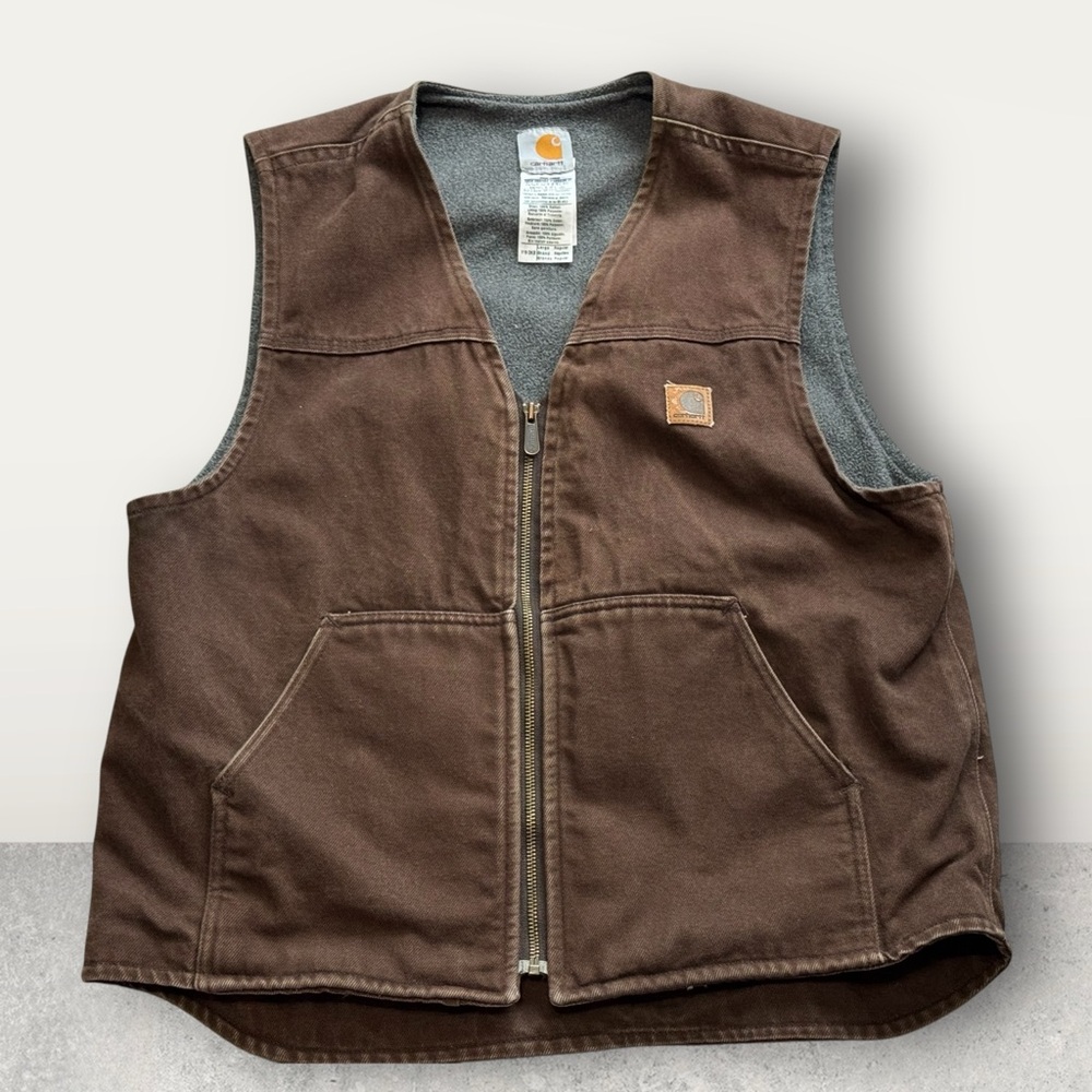 Vtg Carhartt Vest Mens L-Reg Brown Fleece Lined Duck Canvas V19 DKB